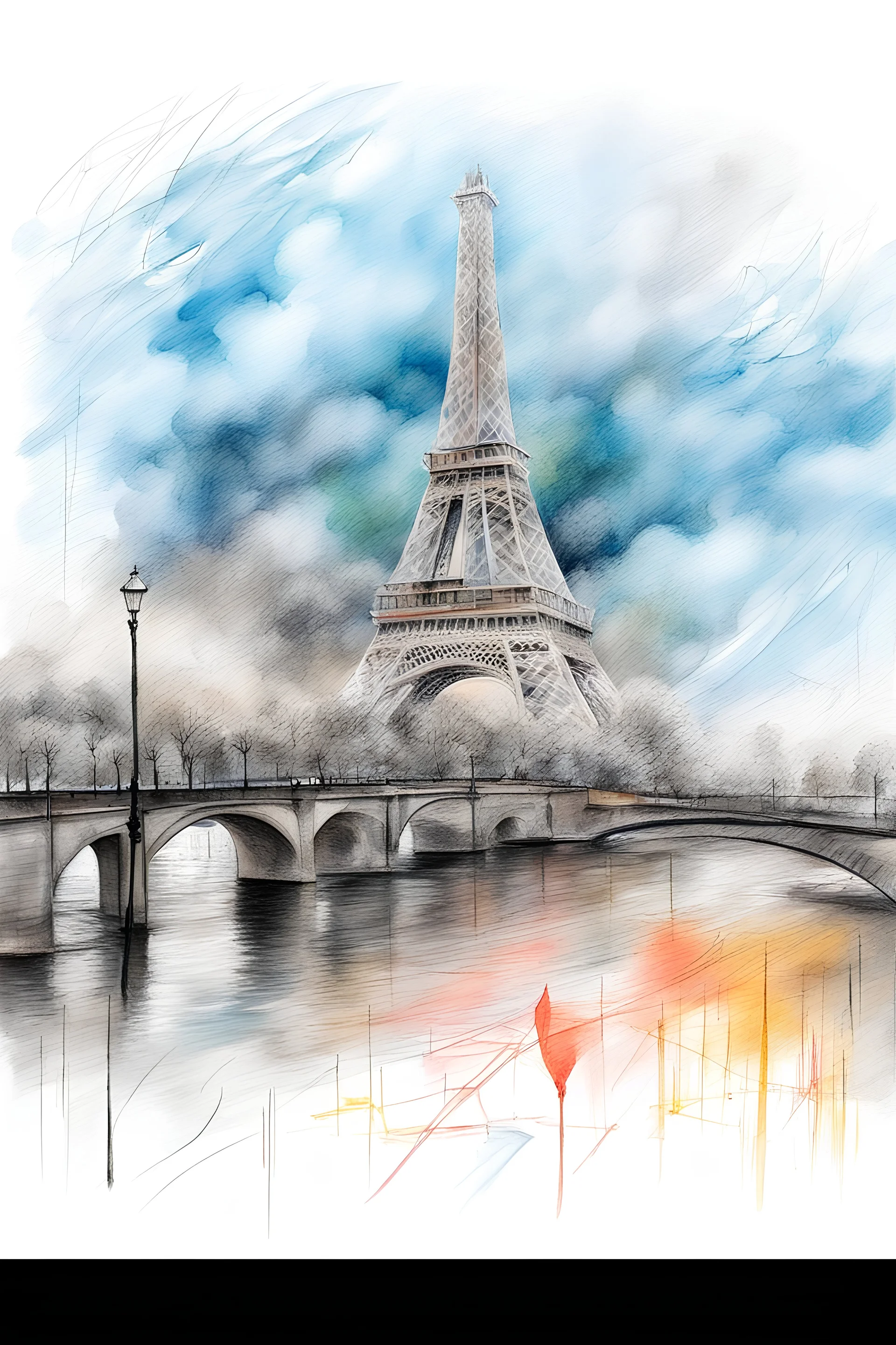 Paris landscape abstract Seine drawing type pencil and painting