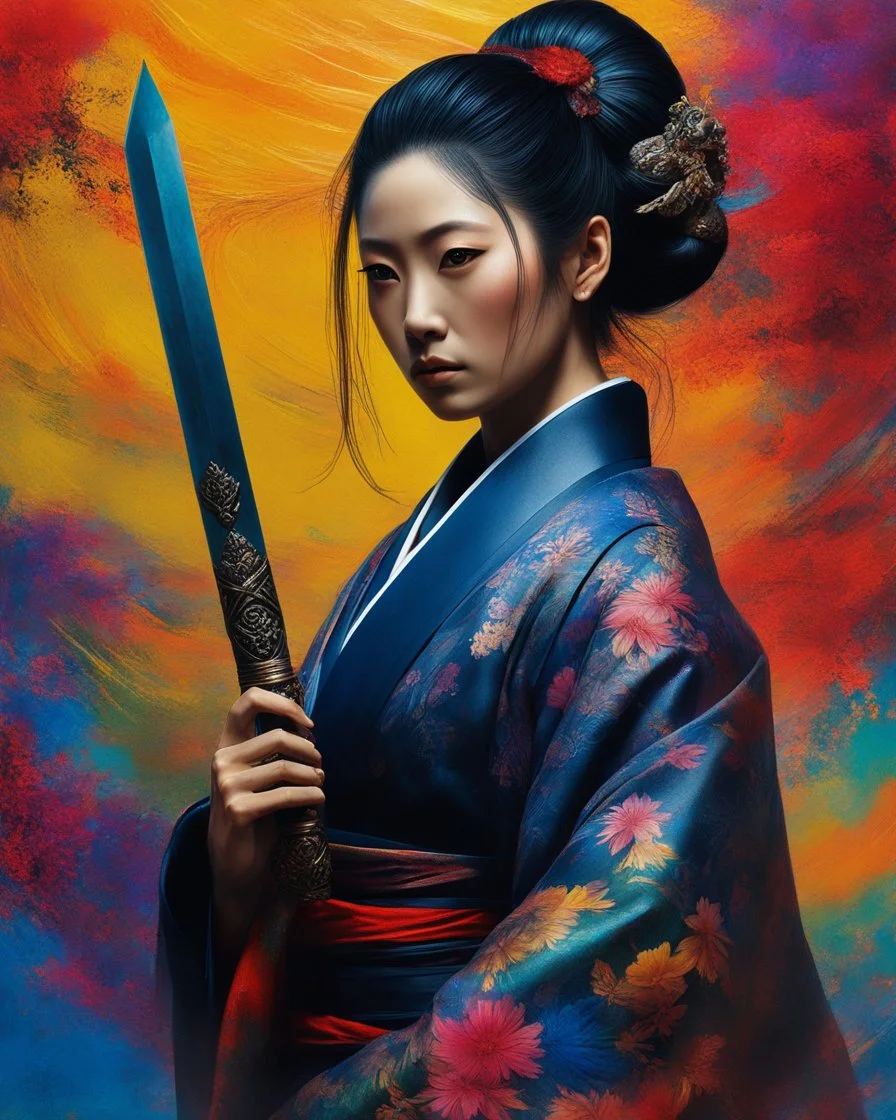 japanese calligraphy art yakuza lady holding samurai sword in vibrant colorful page, coloer background, digital Art, perfect composition, beautiful detailed intricate insanely detailed octane render, photorealistic concept art, soft natural volumetric cinematic perfect light, chiaroscuro, masterpiece, oil on canvas, raphael, caravaggio, greg rutkowski, beeple, beksinski, giger, black and white still, digital Art, perfect coloer, read,green, blew,white, colorful