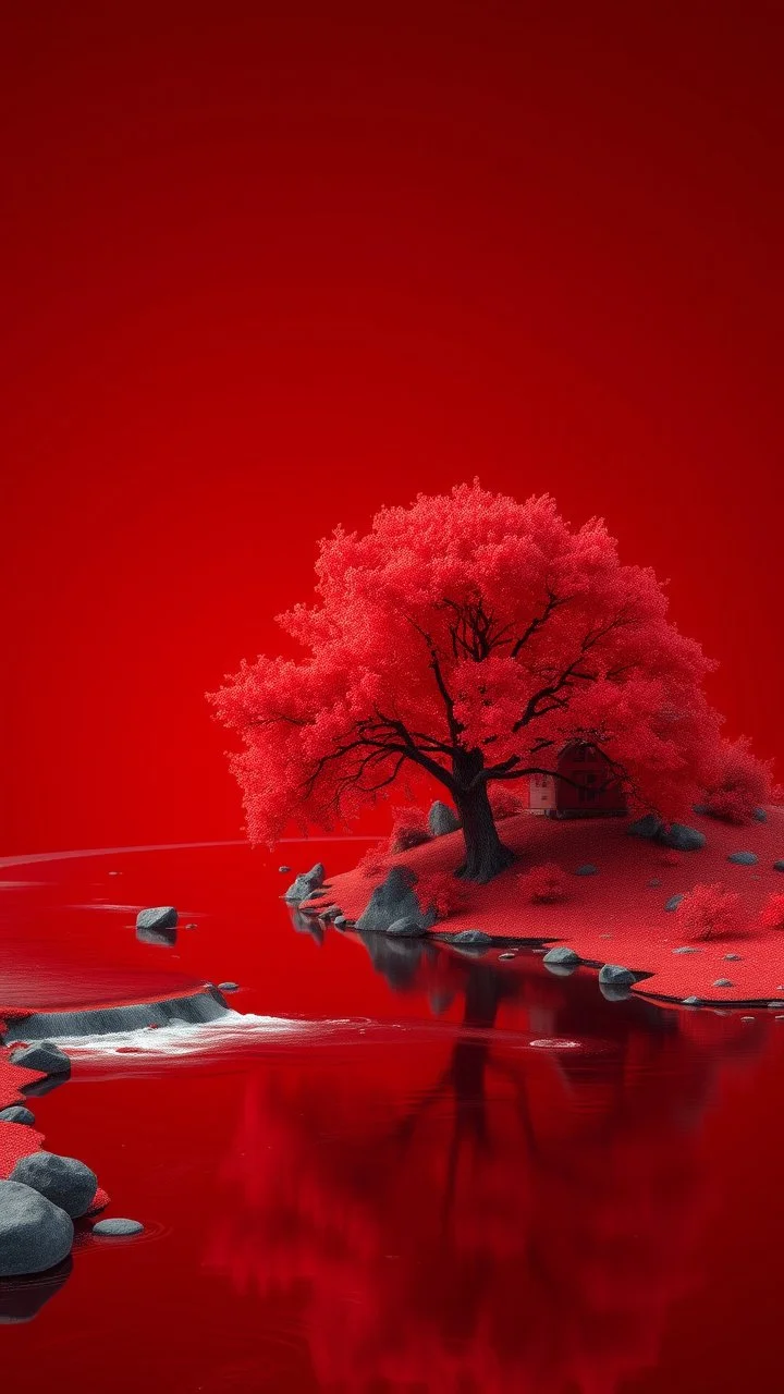 3D , a river stream in red . A nice red tree beside a lake red house in a dark red background, high Quality picture , 8k