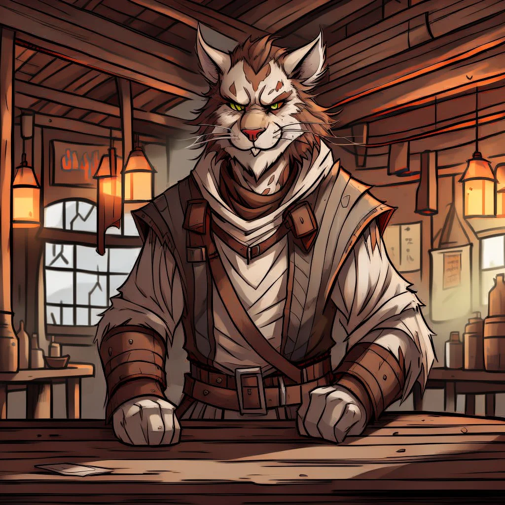 A distressed male khajiit from Skyrim dressed in dirty rags with brown spotted fur in a medieval fantasy tavern cartoon