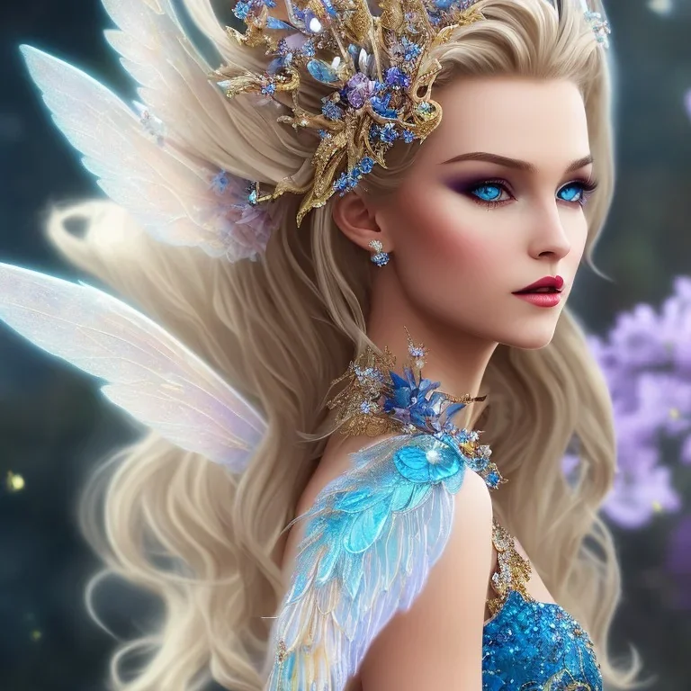 Fantasy cute fairy with wings, smiling, make up, long blond platinum hair, blue eyes, crown, beautiful dress, flowers in background, HQ