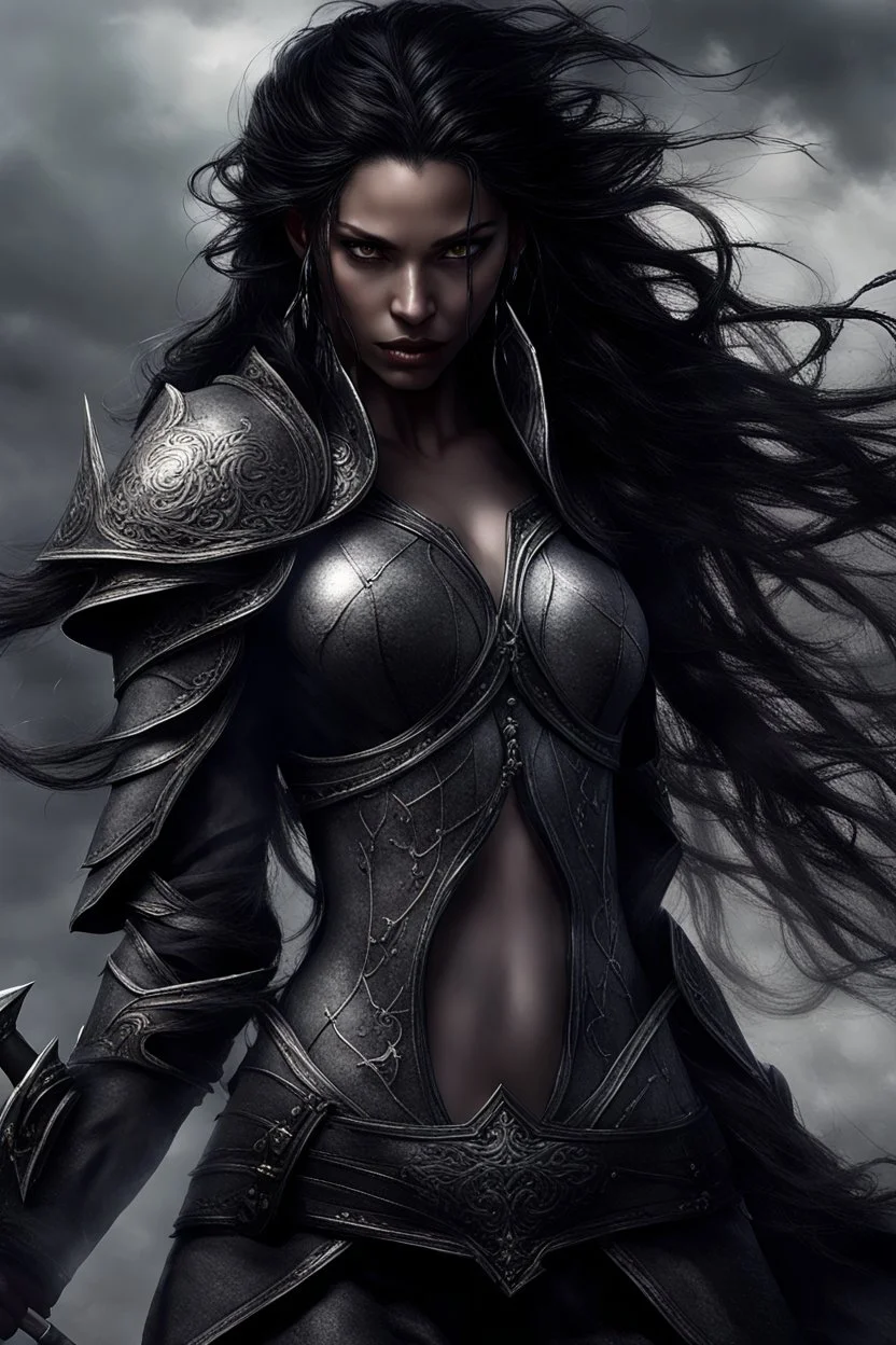 SA female elf with skin the color of storm clouds, deep grey, stands ready for battle. Her long black hair flows behind her like a shadow, while her eyes gleam with a fierce silver light. Despite the grim set of her mouth, there's a undeniable beauty in her fierce countenance. She's been in a fight, evidenced by the ragged state of her leather armor and the red cape that's seen better days, edges frayed and torn. In her hands, she grips two daggers, add dark shadow mystic purple flames