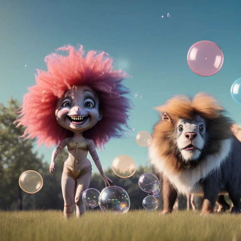 Ultra realistic circus scene. Sweet big hair monster. Child’s playing, smile, happy, color bubbles, smooth color, waist up view, Wes Anderson style, dark ambient, highly detailed, concept art, unreal engine 5, god rays, ray tracing, RTX, lumen lighting, ultra detail, volumetric lighting, 3d, finely drawn, high definition, high resolution.