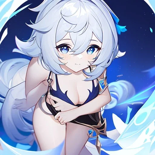 Genshin woman, Clear Focus High resolution, Calm Background, Light skinned woman, Black long beatiful hair, Dark blue sparkling eyes, Very Beatiful Face, Splash art, Cute Scene, Wearing a bikini