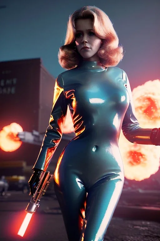 retro sci-fi press image, supermarket explosions from 1960, sweet young Jane Fonda, tight latex suit, weapon, fighting stance, soft color, highly detailed, unreal engine 5, ray tracing, RTX, lumen lighting, ultra detail, volumetric lighting, 3d, finely drawn, high definition, high resolution.