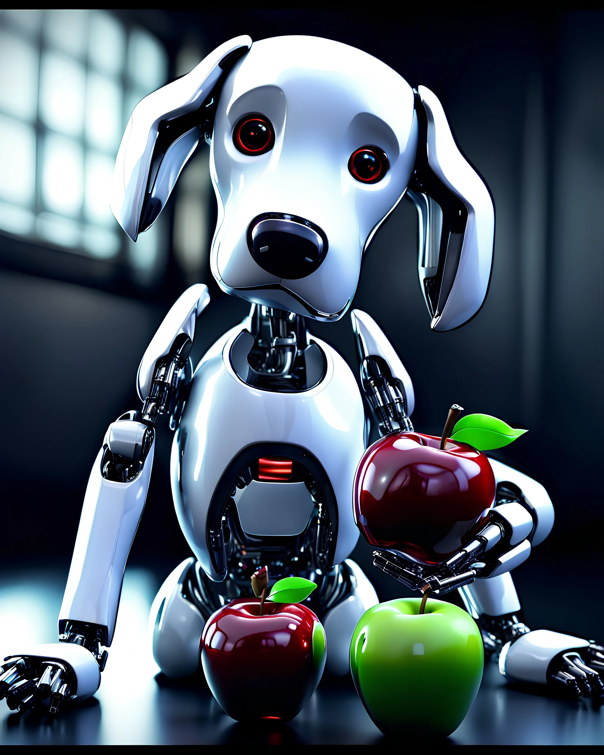 A robotic dog with an Apple logo called “iBots”, suggesting it’s made from an Apple product’s casing. Its glossy white and silver limbs are mechanically jointed, reflecting a scarabet’s anatomy. The design is a creative fusion of technology and organic form, compactly labeled “ibots.” Hyper detailled, hyper realistic, 4K, sharp render