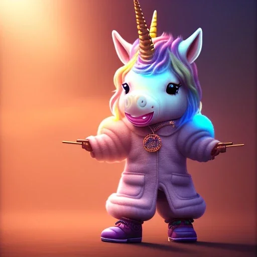 Unicorn toddler, smile, steampunk headphone, sunglass, gangsta neckless, full body, orange puffer jacket, tokio background, dramatic lighting, hyper realistic, unreal engine 5, 16k