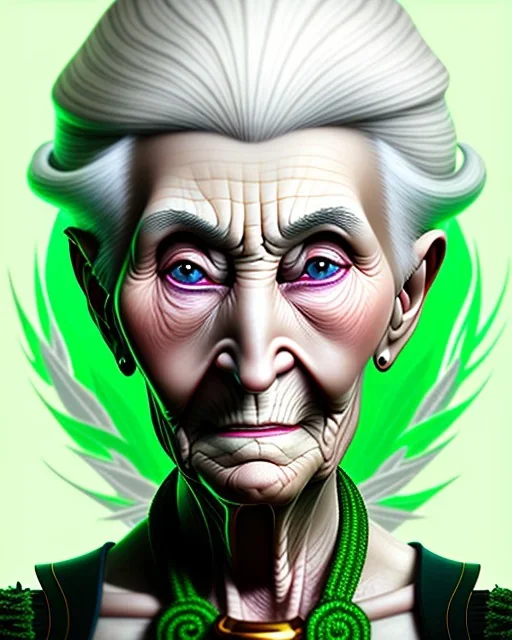 Portrait of an old woman with green eyes and white hair