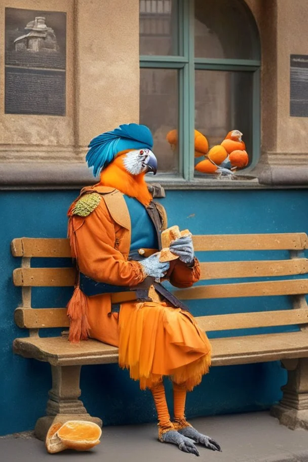 Half parrot half human in a 1700s Orange Dutch uniform siting on a bench in a Dutch city eating a baguette