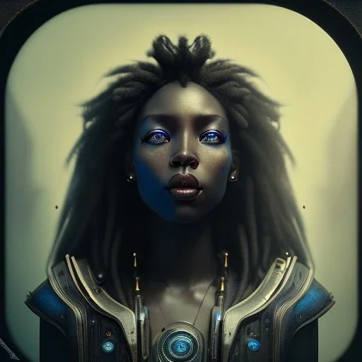 a black woman with one blue crystal eye, steam punk, realistic, made in octane, cinematic, ultra-realistic, extremely detailed octane rendering, 8K, VRAY Super Real ar 2:3, dof photorealistic futuristic 50mm lens hard lighting dark gray tintype photograph, realistic lighting