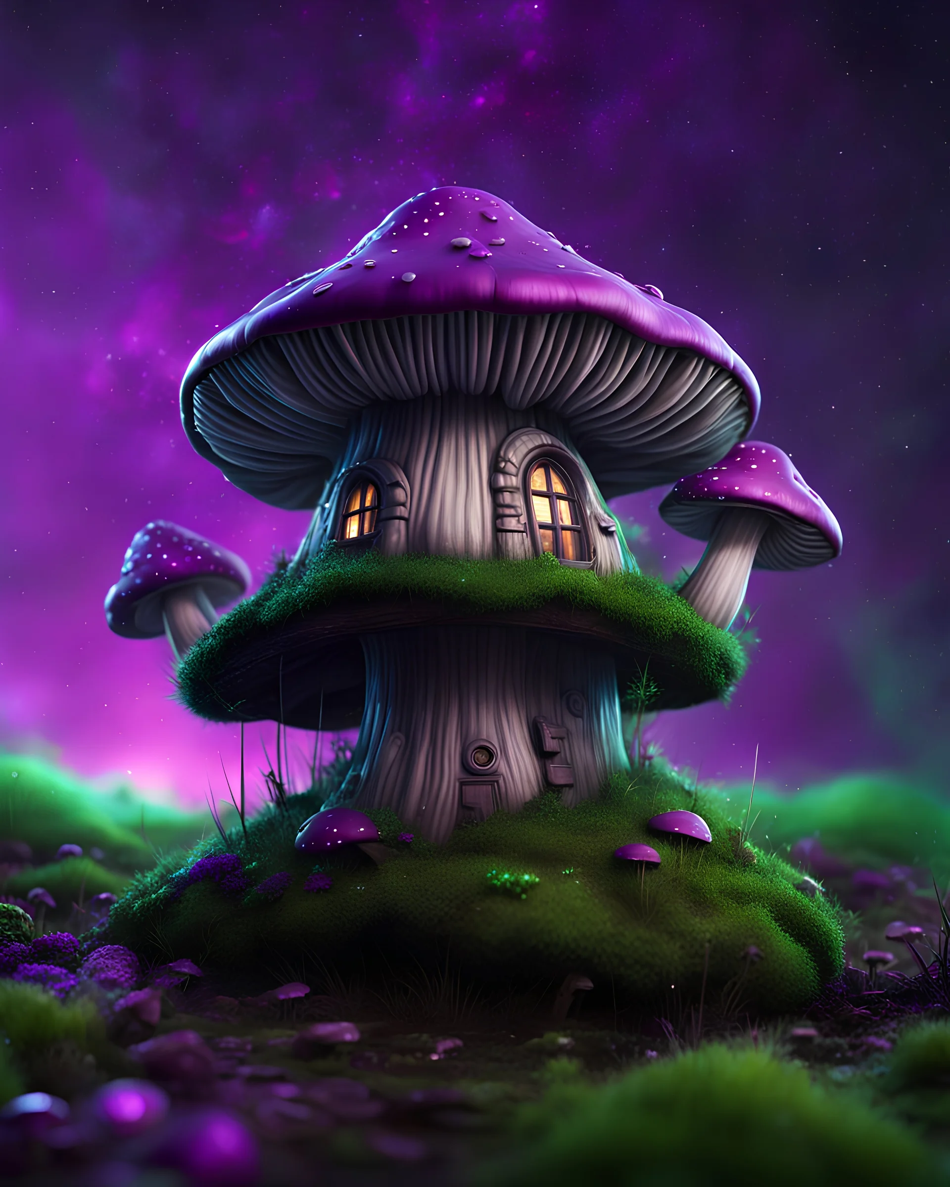 A solitary floating mushroom house on a clear night. silver and green and purple, Dark cosmic interstellar. Detailed Matte Painting, deep color, fantastical, intricate detail, splash screen, hyperdetailed, insane depth, concept art, 8k resolution, trending on Artstation, Unreal Engine 5, color depth, backlit, splash art, dramatic, High Quality Whimsical Fun Imaginative Bubbly, perfect composition