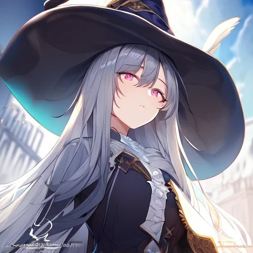 Clear focus,High resolution, grey long fluffy hair, long fluffy bangs, pink eyes, wearing a witch outfit, extreme close up, front hair cover eyes, holding hat, looking up