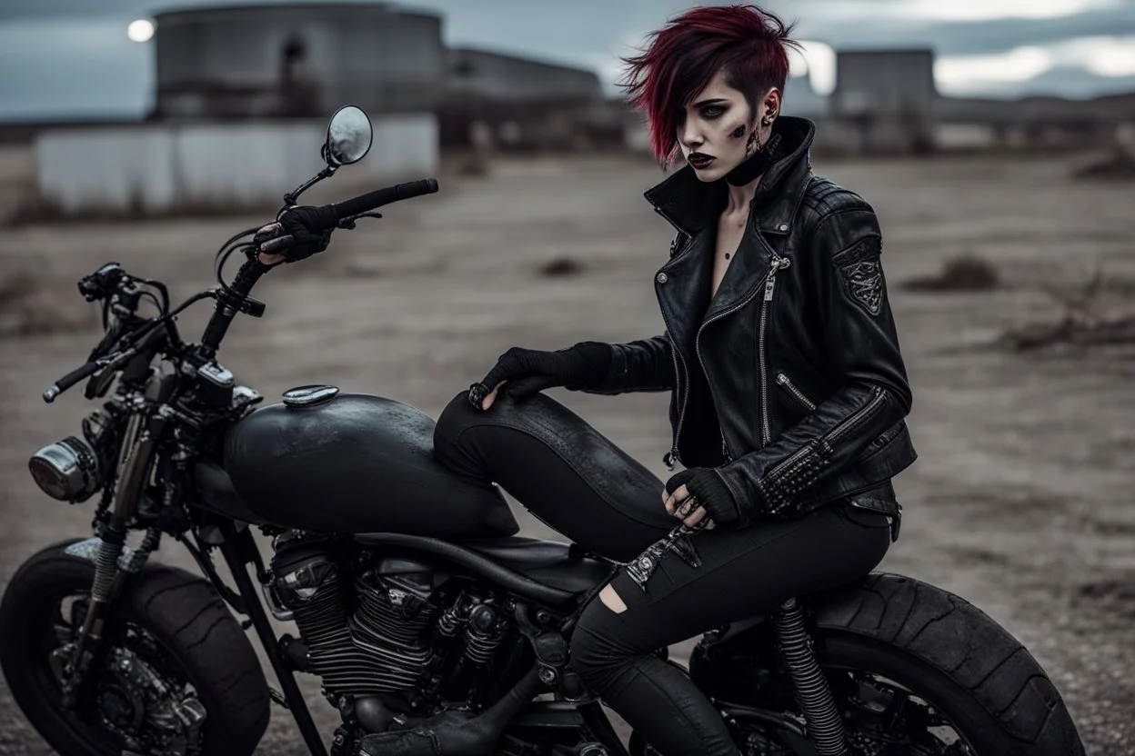 scarred cyberpunk vampire girl showing fangs with short cropped cyberpunk hair riding a black cafe racer motorcycle in a post apocalyptic wasteland at 3 am