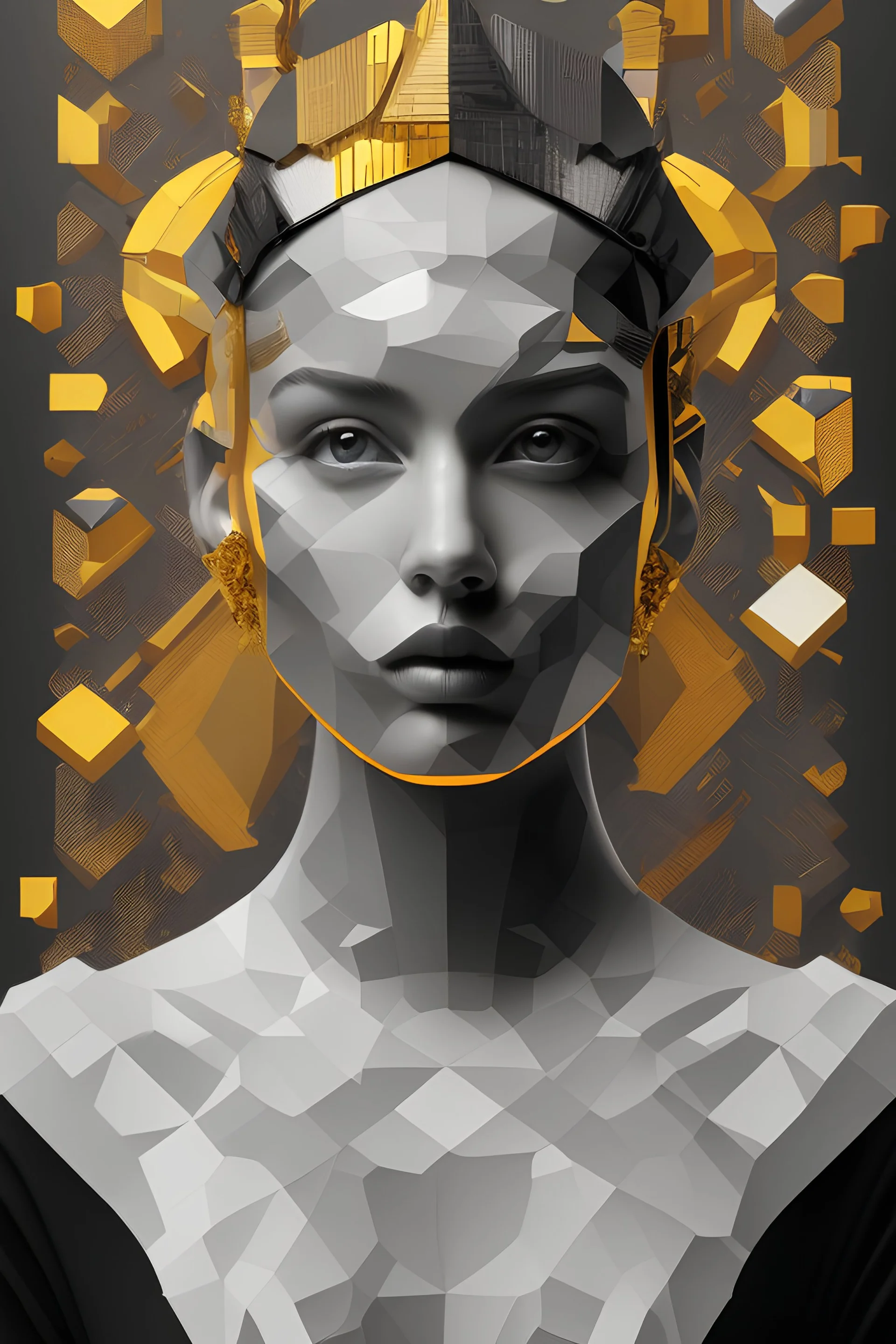 Pop art, Cubist portrait, collage, goldblocks, brutalism, graffiti black and white portrait by Christian Hilfgott Brand, behance contest winner, pop surrealism, behance hd, dc comics, reimagined by industrial light and magic gold, realism