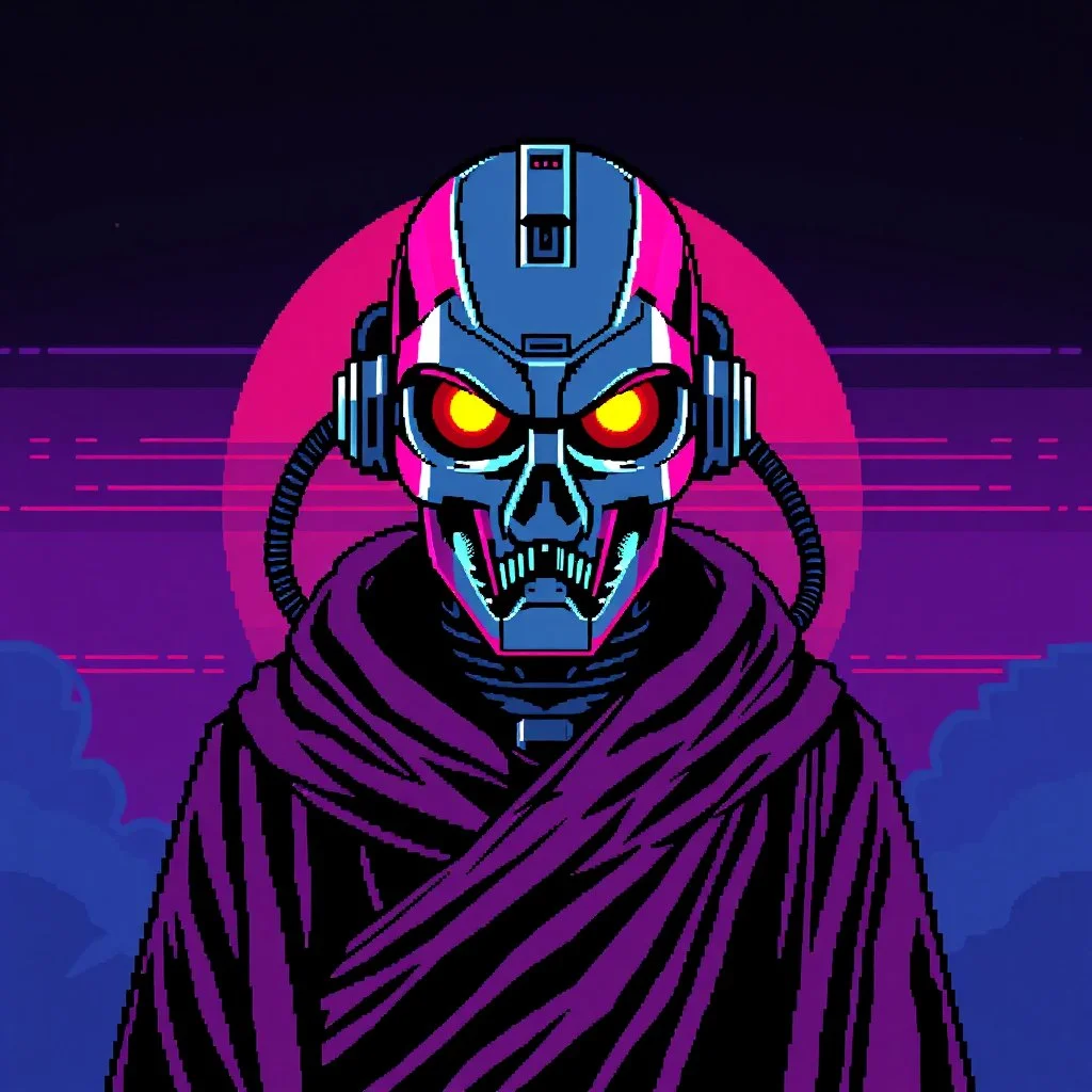 8 bit pixelart of a terminator like robot, synthwave colored, vaporware, budist monk robe