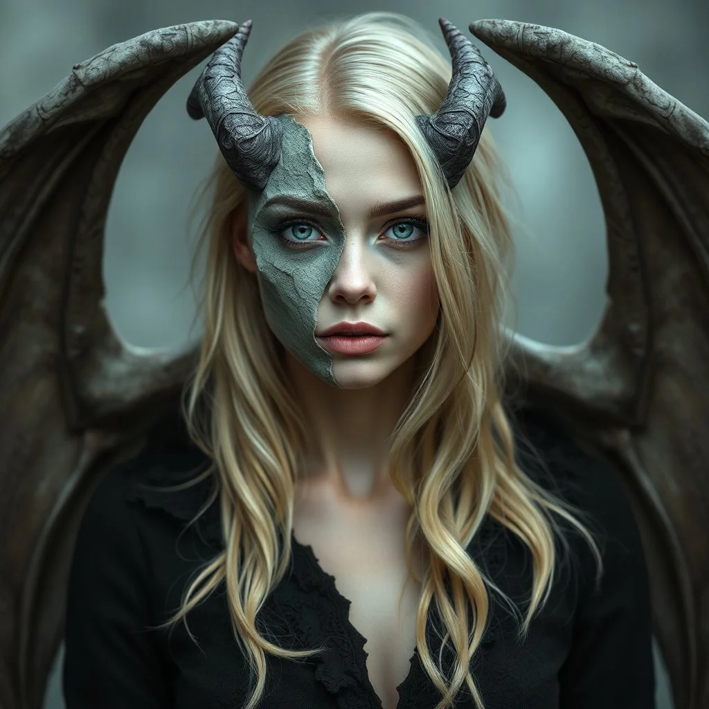 a portrait of an attractive blonde fantasy woman who is half human and half gargoyle, her face is partially made of stone