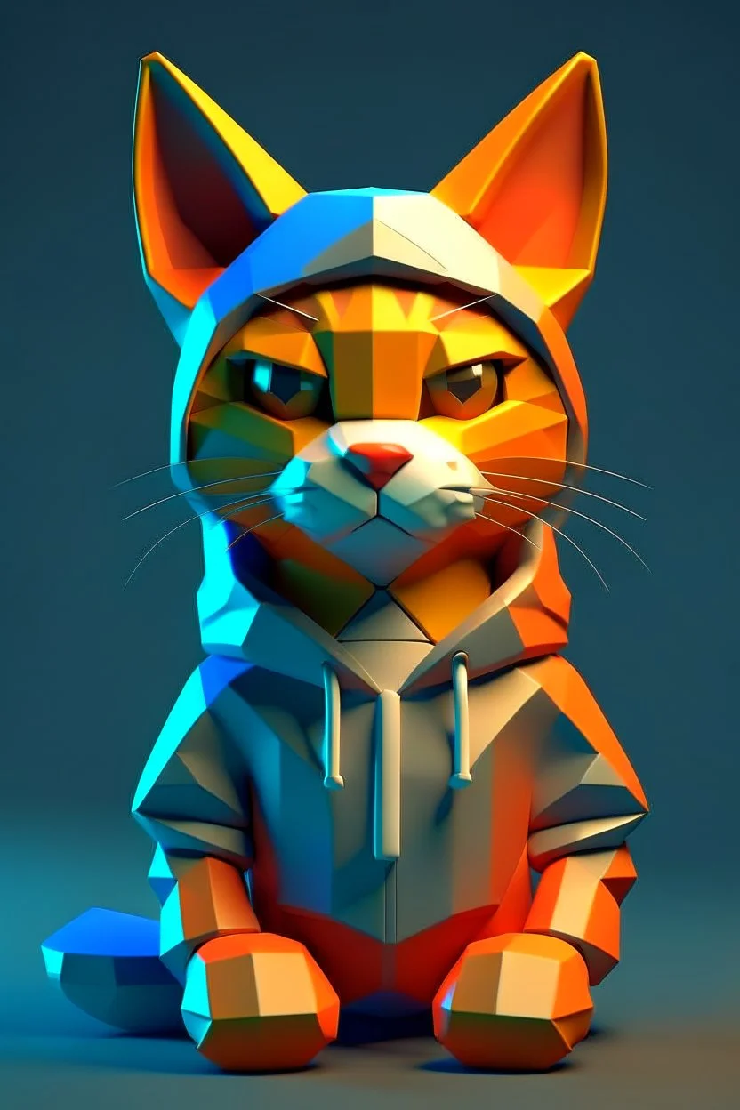 low poly playstation 1 chracter of a happy cat in a hoodie witha retro gam on the hoodie