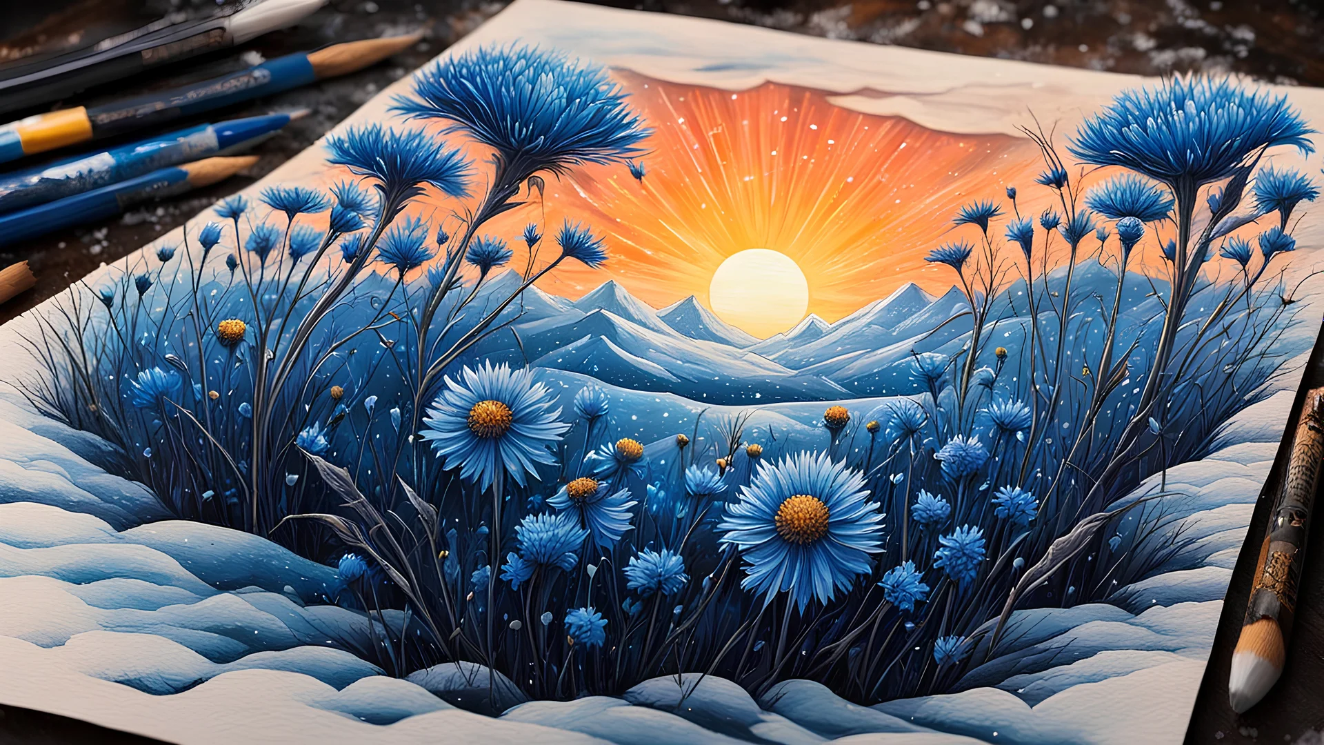 acrylic illustration, acrylic paint, oily sketch, winter best quality, ink painting, acrylic, cute ice cornflowers, sunrise, by Craola, Dan Mumford, Andy Kehoe, 2d, flat, adorable, vintage, art on a cracked paper, fairytale, storybook detailed illustration, cinematic, ultra highly detailed, tiny details, beautiful details, mystical, luminism, vibrant colors, complex background, centered, symmetry, painted, intricate, volumetric lighting, beautiful, rich deep colors masterpiece