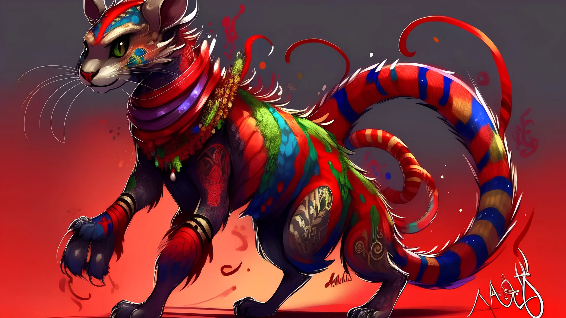 A noodly creature with 0 legs, and has a hunchback and split tail and is rainbowy, African Palm Civet-like colors, galaxy-splattered, red in color. It is wearing silks, clothes, a ribbon, armor.