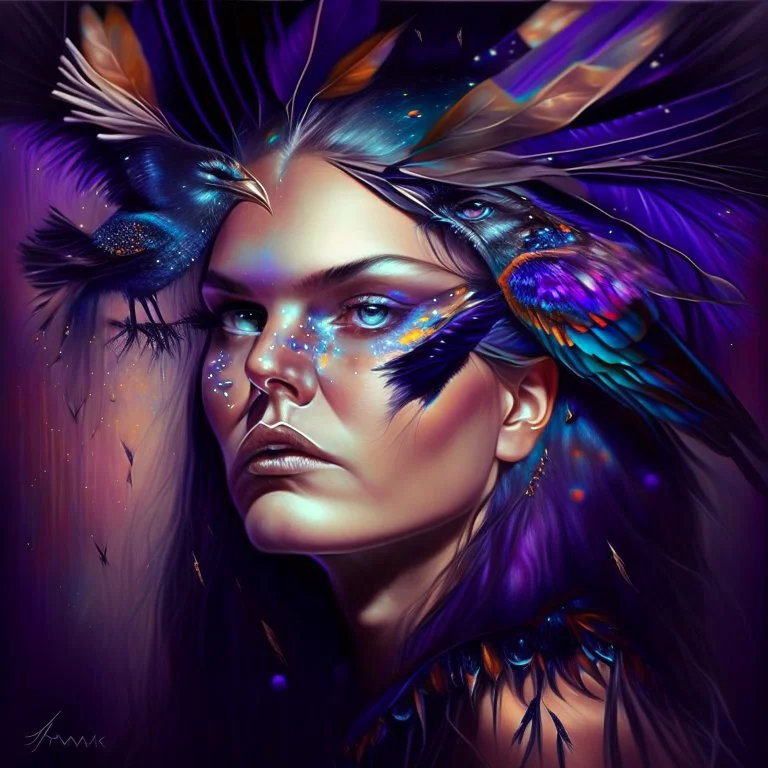 #Leonardai Starling , photorealistic ,pop surreal , lowbrow art ,enchanting portrait of a beautiful mature woman,representing a starling , feathers in her hair ,black and vibrant colors , sweet , magical , cosy warm light , whimsical, alluring , dazzling ,, expressive