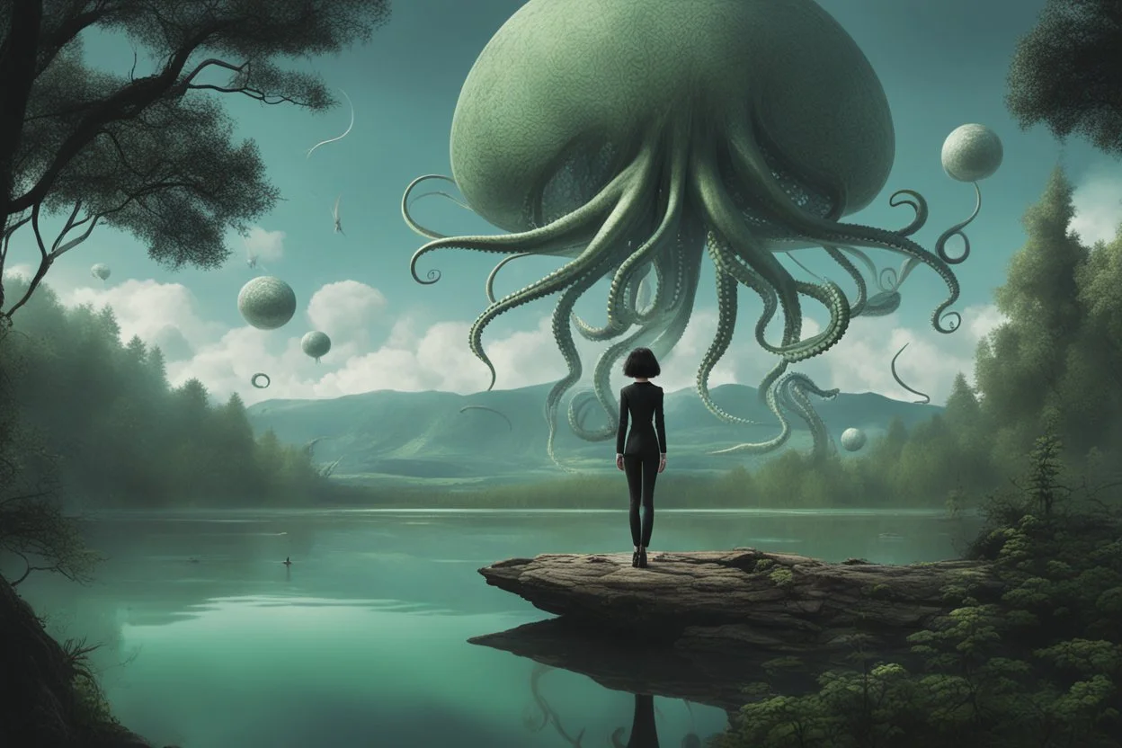 A skinny woman with a black bob hairstyle, in a green and silver suit, standing, looking out over a lake, in an alien forest, with tall narrow cloud trees, with flying dandelion heads with octopus tentacles