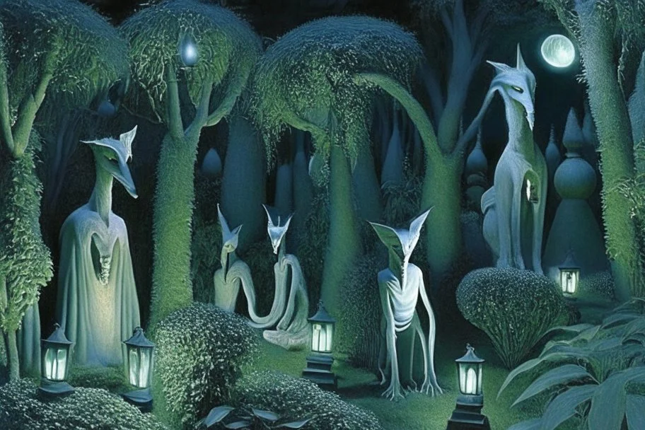 surreal gardens at night, lanterns, marble statues hiding in bushes, by artist "Leonora Carrington" and "Leonardo da Vinci"