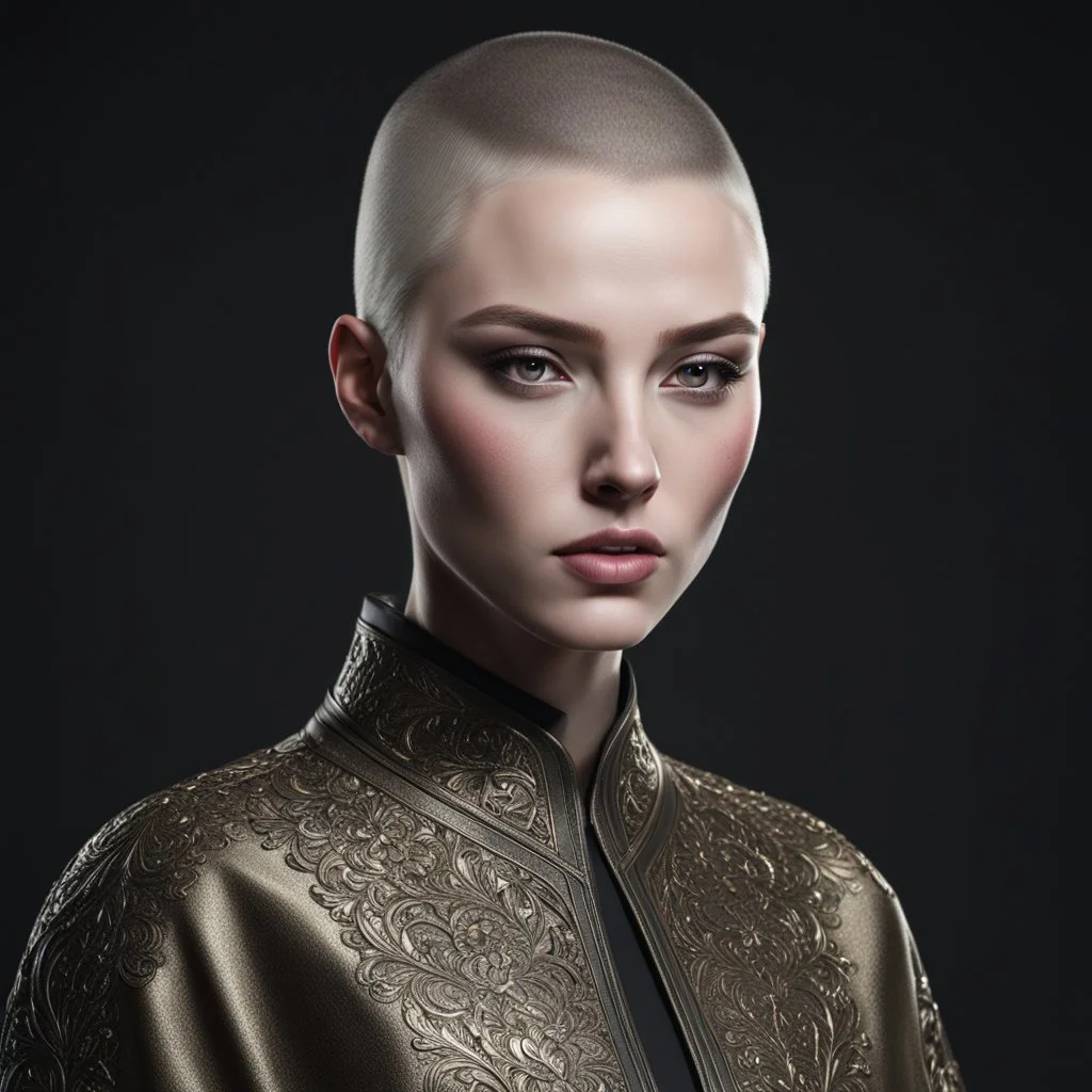 ((young woman pale skin)), dark background, mid shot, full body, neutral expression, buzzcut hair, ultra realistic, highres, superb, 8k wallpaper, extremely detailed, intricate, limited palette,