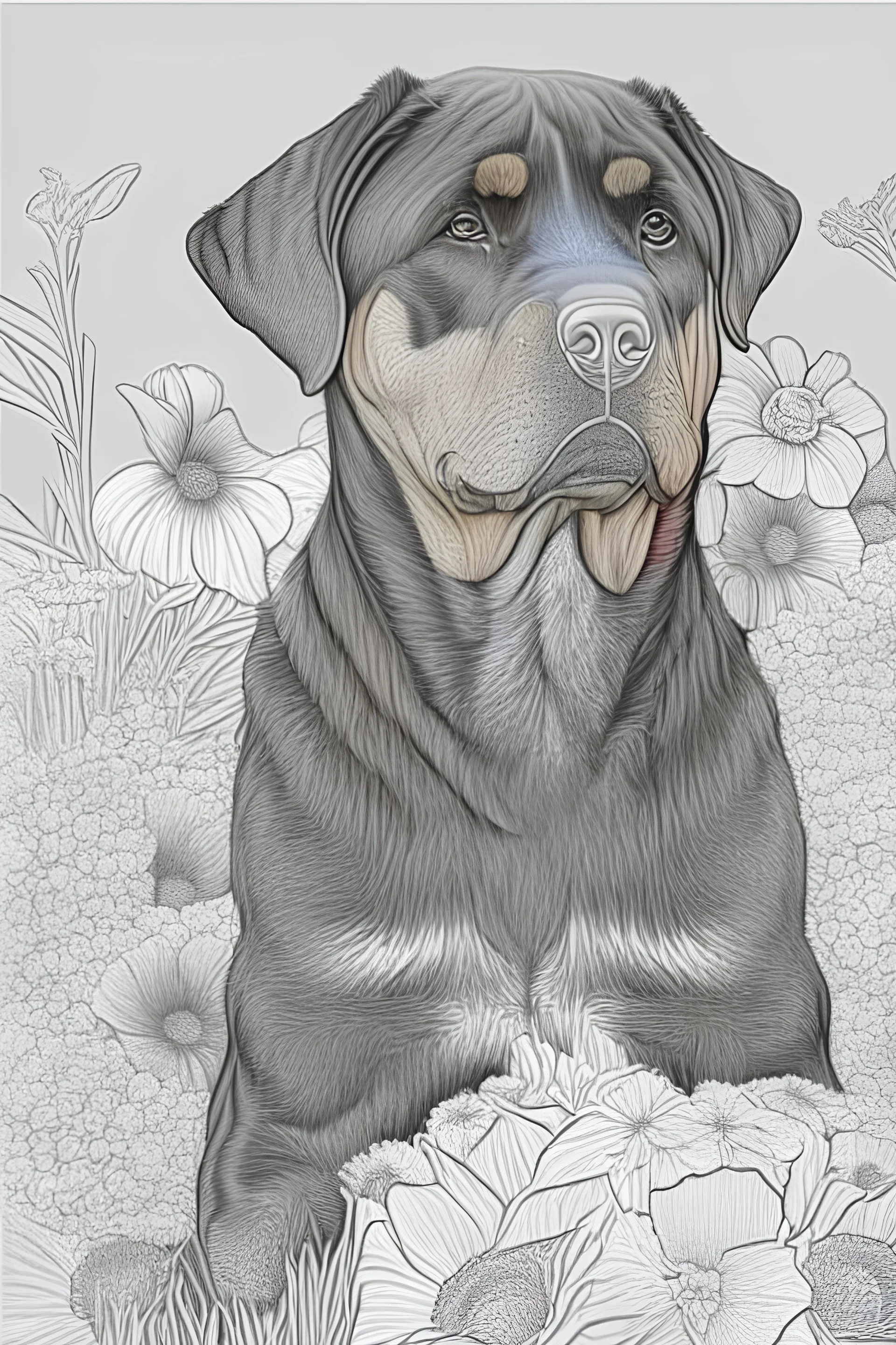 Rottweiler with flowers colouring page