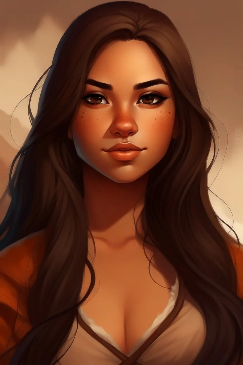 portrait of a beautiful 20 year old highlander woman with caramel skin and long dark hair, curvy body, earthbound, warm-hearted