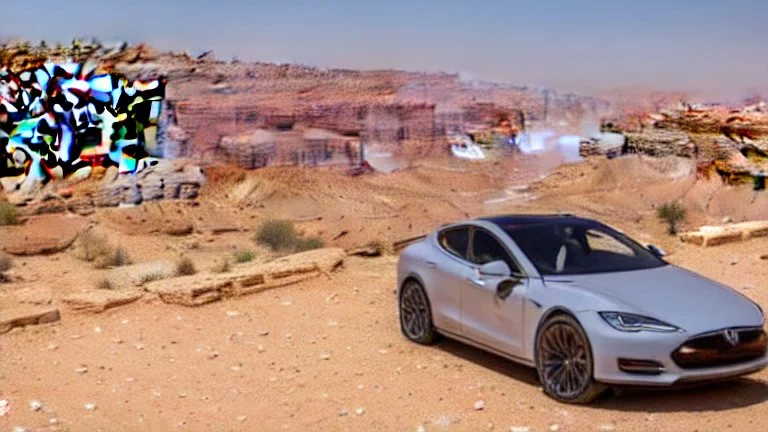 A Tesla's 'Model S Plaid' is racing at top speed, at Petra, in Jordan. CINEMATIC. WIDE ANGLE LENS.