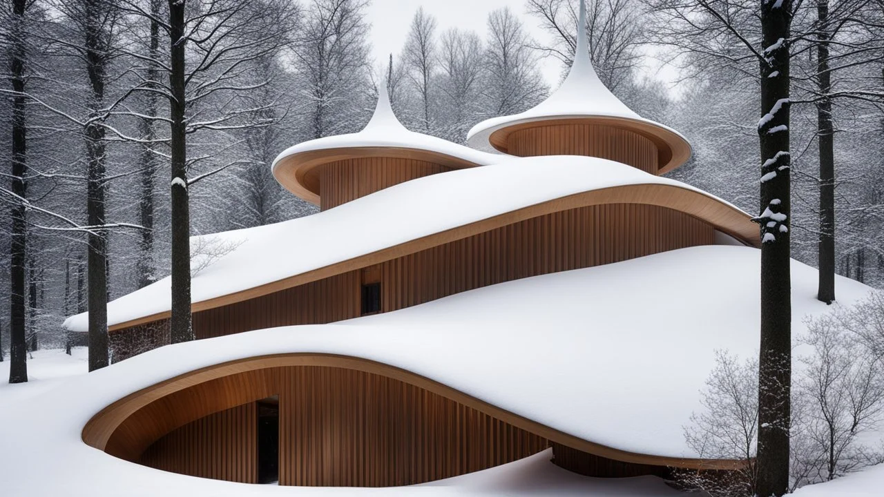 7195, rule of thirds, delightful, sensitive, confident, undulating sinusoidal theatre with pointed hyperbolic roofs, forest, delicate, thick snow, symmetrical, exquisite architecture, innovative design, perfect symmetry, award-winning photograph, beautiful composition, filled with beautiful detail, delicate colour, chiaroscuro