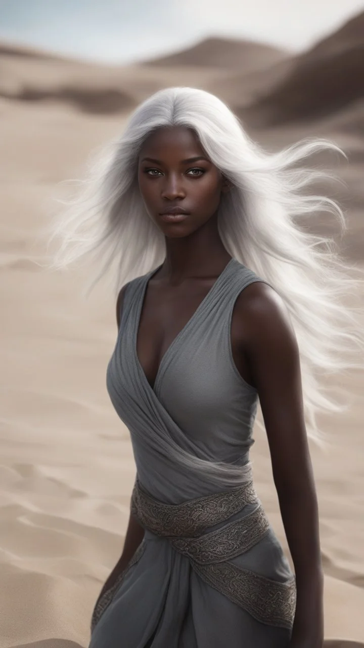 A hyper realistic photo of: Some forgotten realms strong dark skinned draw a beautiful girl with long white hair wades into a strongly dark grey colour emitting magically radiating and bubbling color pool in an endless windswept level landscape of only sand and grit. photorealistic, bokeh, masterpiece, smooth shading, ultra detailed, high resolution, cinematic, unreal 6, subtle shadows, octane render, 8k, cinema 4d, HDR, dust effect, vivid colors, thin line draw