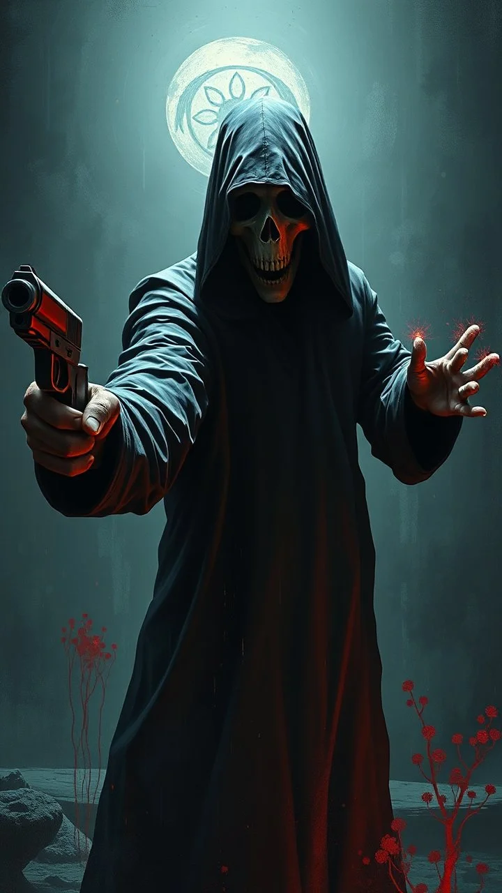 Bosch painting style nightmare , 3D , the phantom pointing a gun to you background, high Quality picture , 8k
