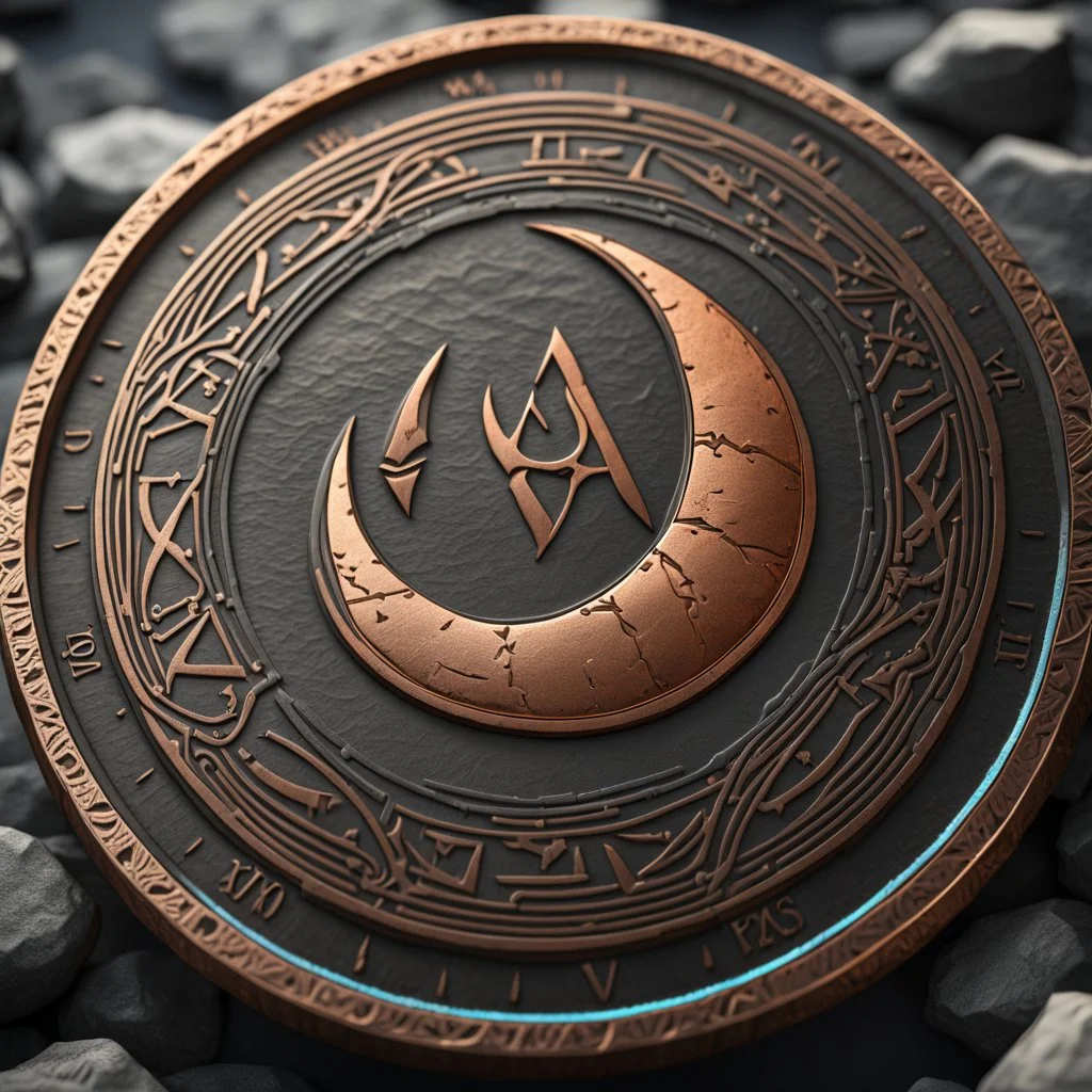 a small copper coin called a crescent standing on edge. ancient viking runes. flat coin. show one whole coin front on at a distance. fantasy concept art, exquisite realism, a masterpiece, dynamic lighting, hyper detailed, intricately detailed, deep color, Unreal Engine, volumetric lighting , Epic cinematic brilliant stunning intricate meticulously detailed dramatic atmospheric maximal,