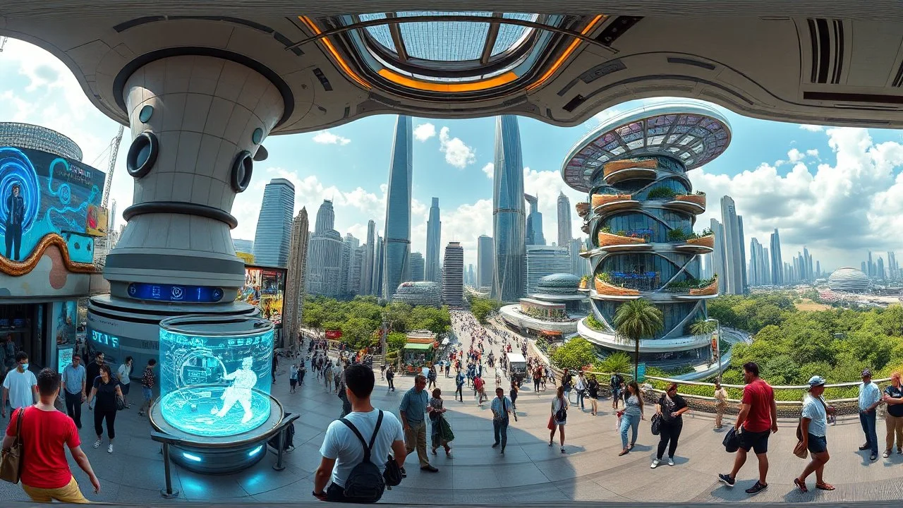 a 360 environment hdri image for :A futuristic scene depicting the bustling heart of a 2080 city center. The foreground features a diverse array of photorealistic individuals engaged with innovative, tech-enhanced elements - holographic displays, autonomous transportation, immersive public art. In the background, a panoramic vista of the larger city skyline - towering organic skyscrapers, elevated transit, verdant green spaces. Convey a sense of scale, depth and awe-inspiring technological wond