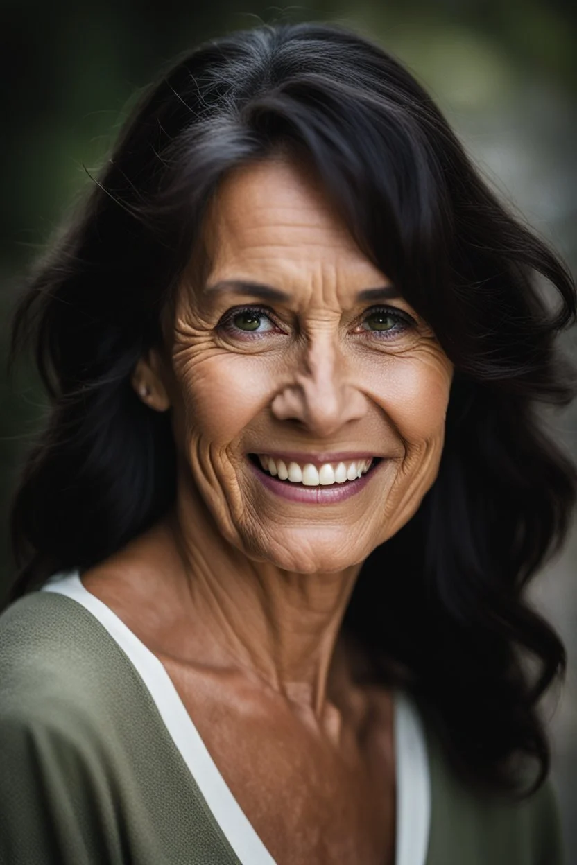 Portrait of a 60 year old Olive skinned woman, dark hair with hints of grey, happy expression