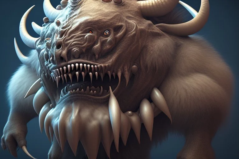 closeup of a maniacal monster's face, big teeth, tusks, fur, bumps and curled horns, my pet monster inspiration, urban character design