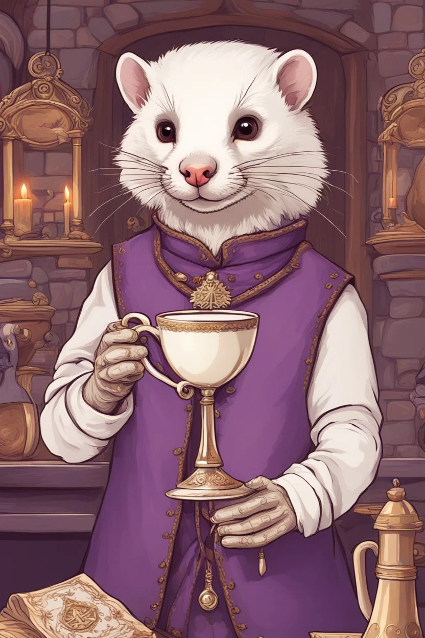 (anthropomorphic white ferret),dressed in cleric white and purple clothes with ornaments, realistic anatomy, fantasy tavern on background, mage and holy symbols around, serious face, hold cup of coffe, tired