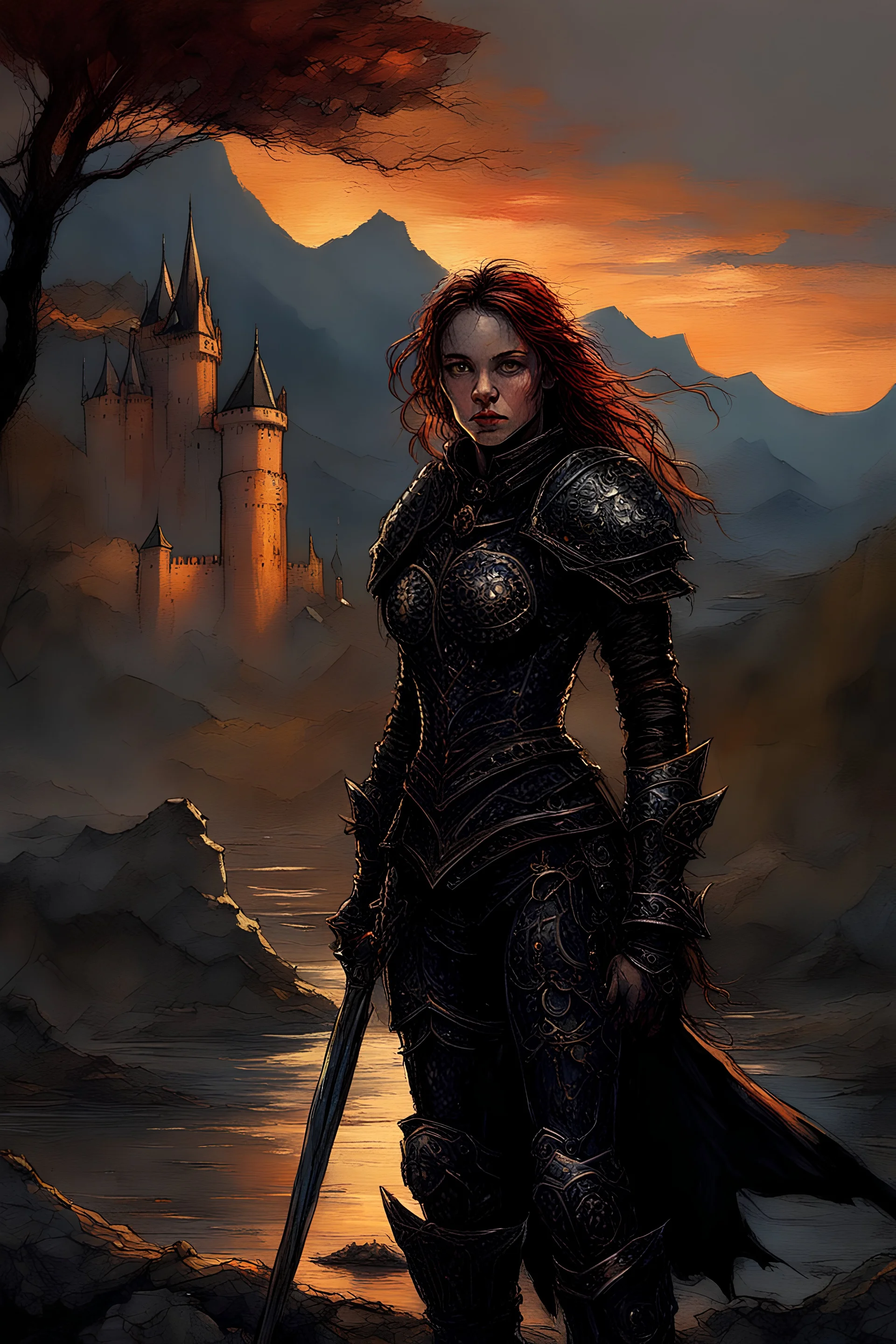 A formidable warrior girl in black armor, on the background Amazing gloomy landscape, flooded with sunset, mountains, trees, fabulous scary hero, , juicy emotions, painting, dark fantasy, gloomy day, dark world, portrait, Gothic Town At Night, Fantasy, Intricate Details, Castle Courtyard Gardens, Hyper Detailed, Jean Baptiste Monge, Carne Griffiths, Michael Garmash, Seb Mckinnon, Masterpiece