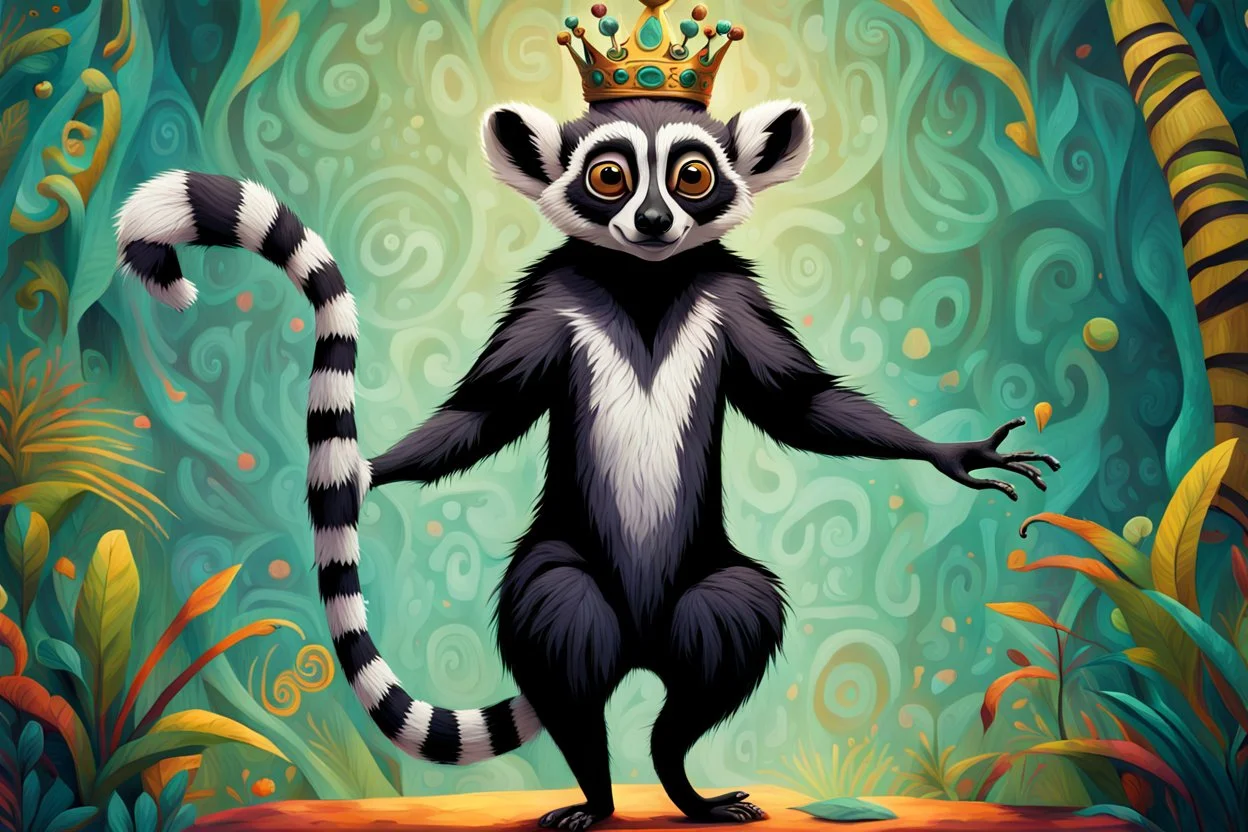 surreal, vibrant digital artwork featuring king Julien the lemur dancing with his tail held up high, with intricate abstract patterns and motifs swirling around them. striking facial features, wearing a crown made of skulls. dancing to "you gota to move it" in Disney style Madagascar