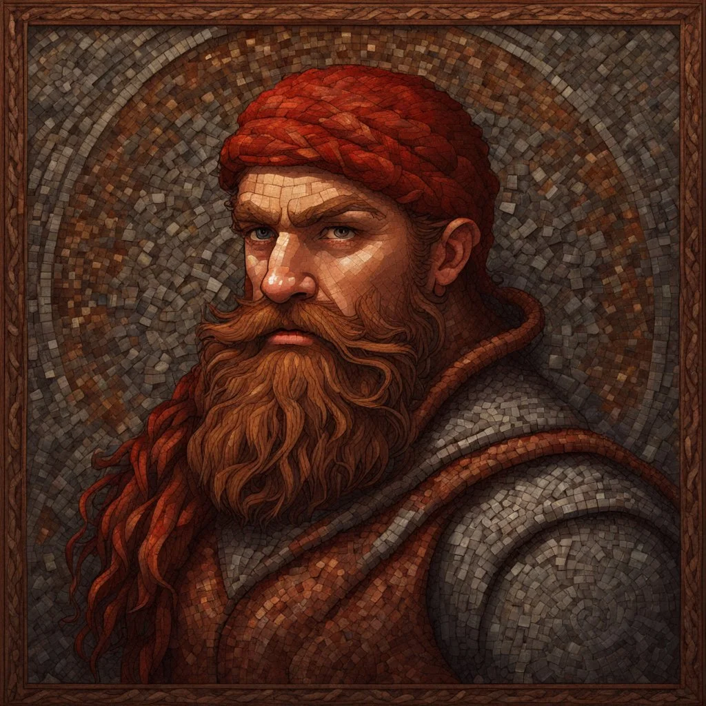 picture made of mosaic tiles in a style of medieval mosaic, Dnd, fantasy, portrait, illustration, only face, dwarf, blacksmith, kind, hearthy, red hair, braided beard