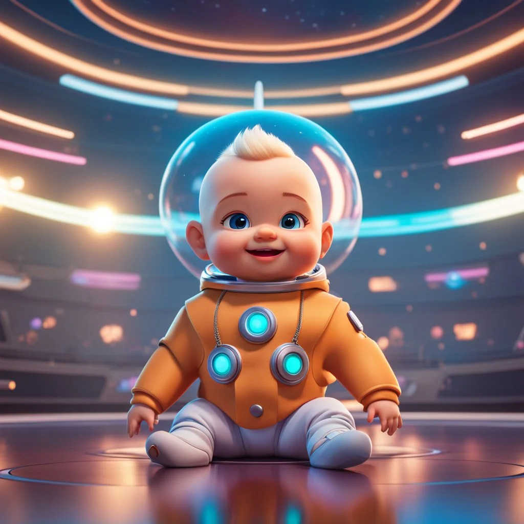 (masterpiece, best quality, 8k, RAW photo, beautiful and aesthetic:1.2), complex detail, Indirect light, photorealistic, (((full body))), Cosmic Boss Baby style smiling, Long clear curvy hair, colorfull Sci-Fi environment