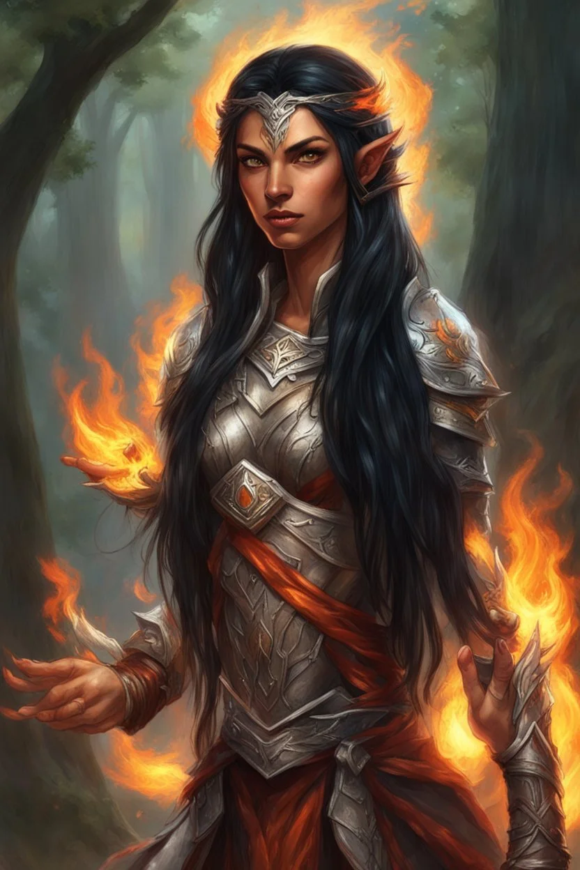 Imagine a powerful eladrin druid with striking black hair. Her eyes glow like intense fire as she effortlessly conjures flames with her hands. Long hair, half braided and cascading, appears ablaze, emitting fire. Clad in light armor, she relies on magic and fire, bearing a significant scar on her face. Tanned skin complements her commanding presence, while a fiery crown-like adornment graces her black hair.