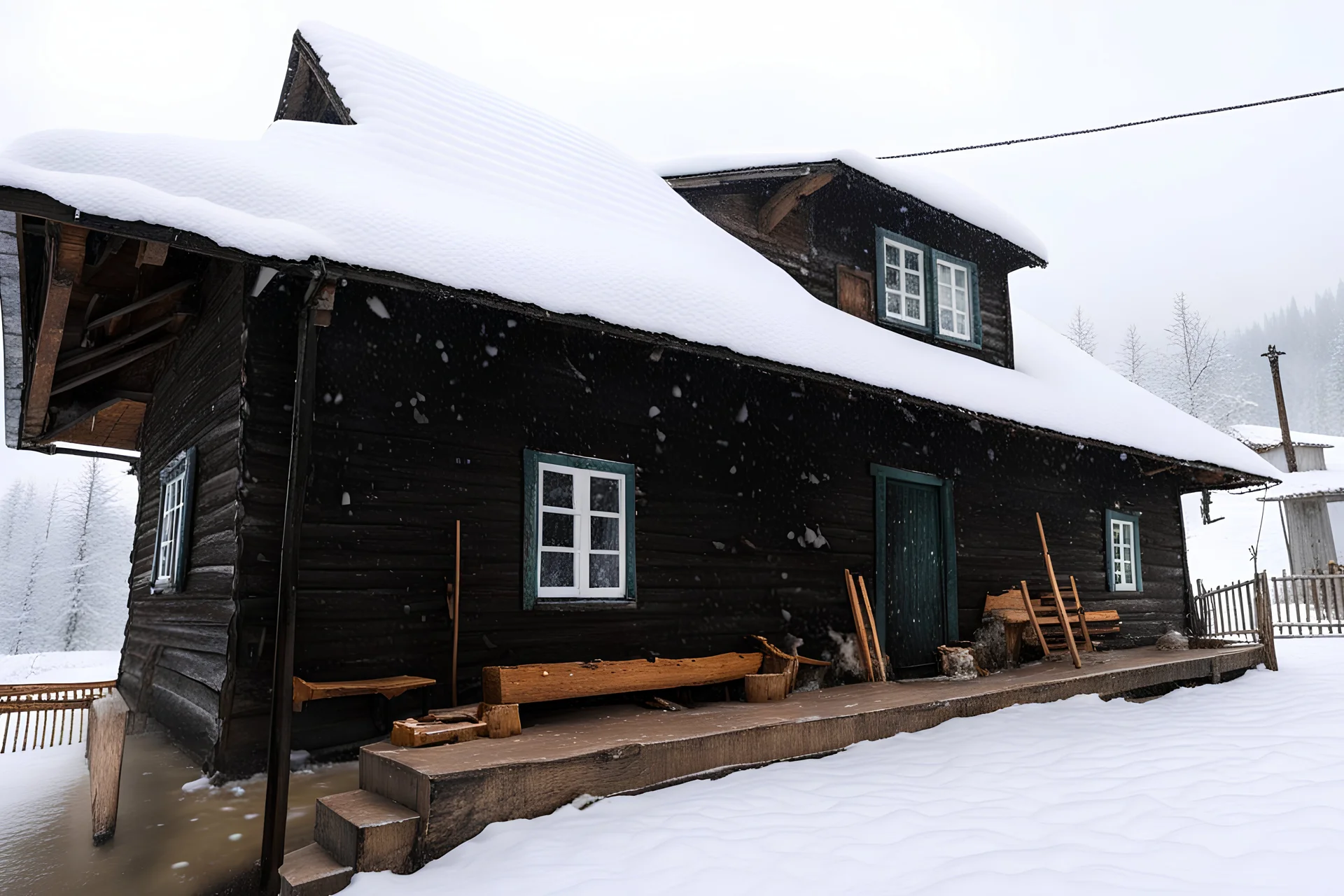 Snowy cabin in the mountains in the snow storm with a scary atmosphere