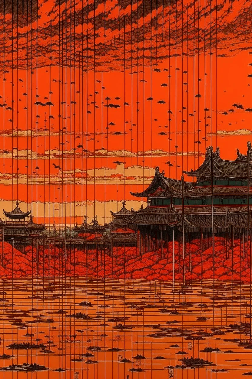 A dark orange colored digital realm with pixels painted by Utagawa Hiroshige