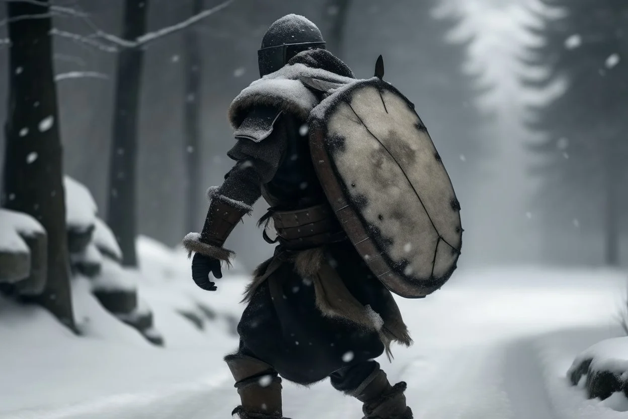 a man carrying a heavy ton boulder on his back, wearing warrior knight armour, walking in cold windy weather, leaving bloodstains on the snow, arrows shot stuck on his chest, dramatic