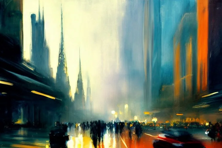 City, city lights, distant city, cars, people, street, lesser ury impressionism painting