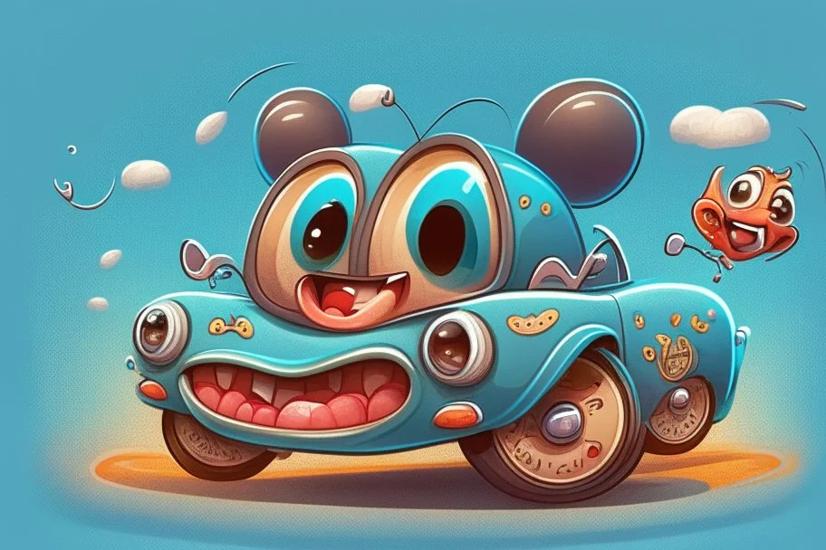 whimsical cartoon car with big eyes and its front grill forming a friendly smile, with a mouse character riding on it.