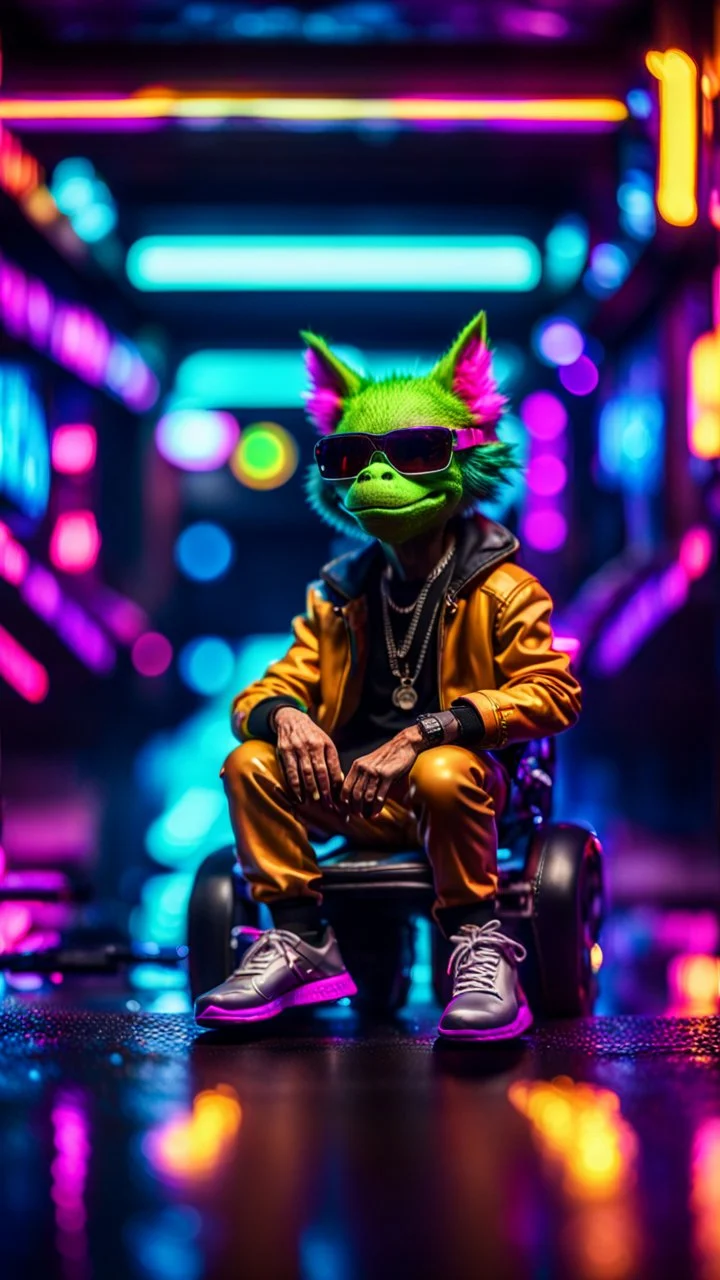 tap dancer, spot lights, spray tan, portrait of slick lord water wolf Gremlin myth buster pimp ninja cyber punk sitting on a hipster car parked in dark neon lit reflective wet arcade hall tunnel,bokeh like f/0.8, tilt-shift lens 8k, high detail, smooth render, down-light, unreal engine, prize winning