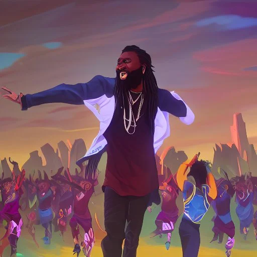 A vibrant and energetic concert performance by Lucky Dube, with a large crowd of enthusiastic fans dancing and singing along to his reggae music.spirit.energy and beauty of this moment.
